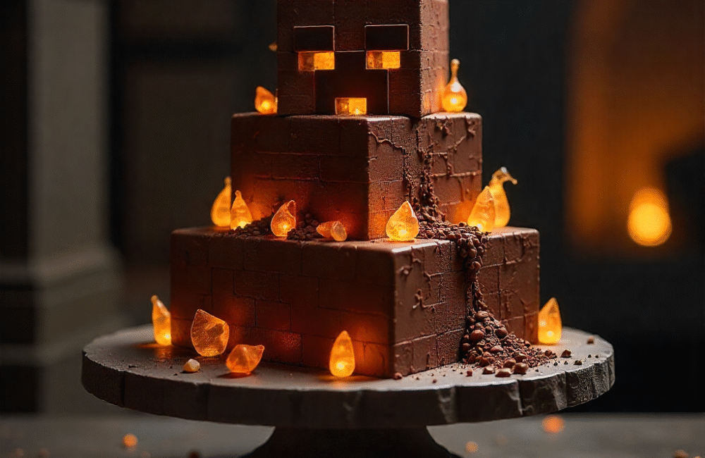 A three-tiered chocolate Minecraft cake with a blocky, pixelated design, decorated with amber-colored sugar flames and gems, sits on a stone cake stand in a dim setting.